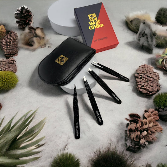 Professional Tweezer Set Featuring Case with Mirror - Black Edition